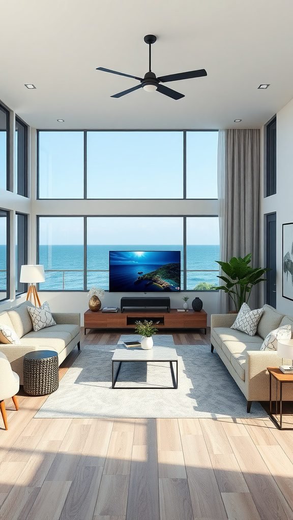 A spacious coastal living room with large windows overlooking the ocean, featuring modern furniture and a TV.