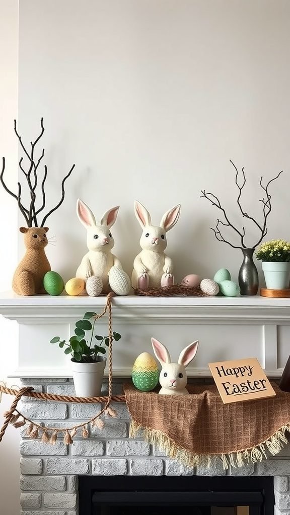 Easter mantle decorated with bunnies, eggs, and greenery