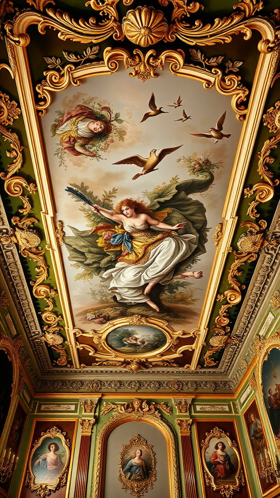 Ceiling murals in a Rococo Bedroom, featuring elegant figures and ornate designs.