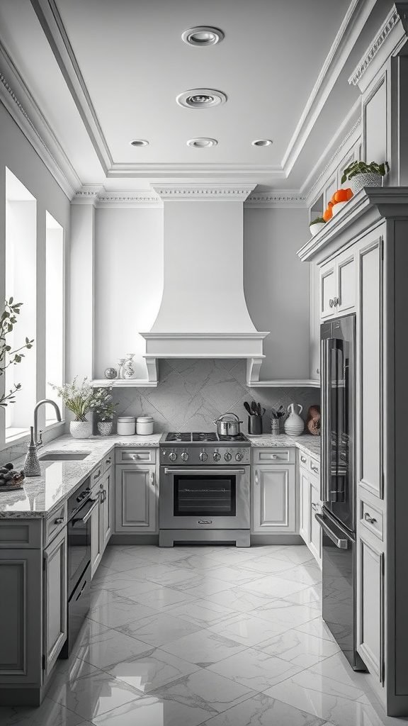 A black and white elegant kitchen featuring tall ceilings, crown molding, marble countertops, and natural light.