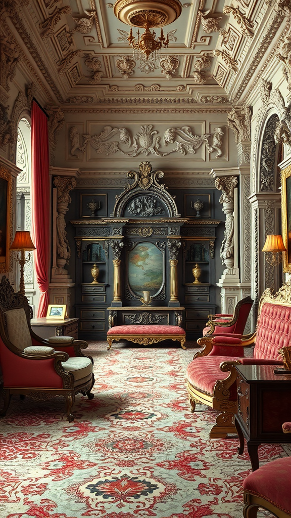 A lavish Rococo bedroom featuring ornate furniture, a beautiful chandelier, and rich decor.