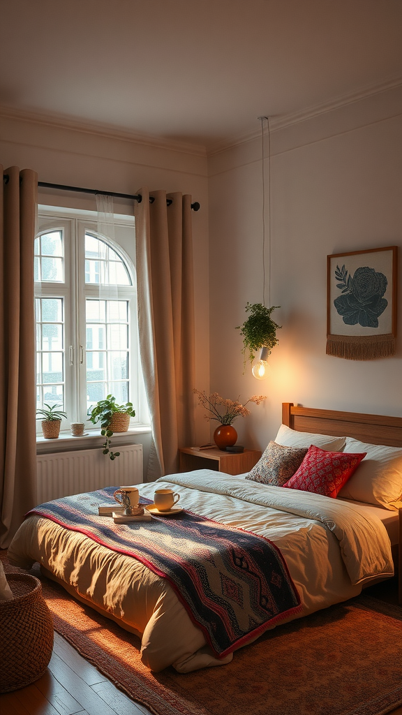 Cozy Eclectic Boho Bedroom with layered lighting and warm decor