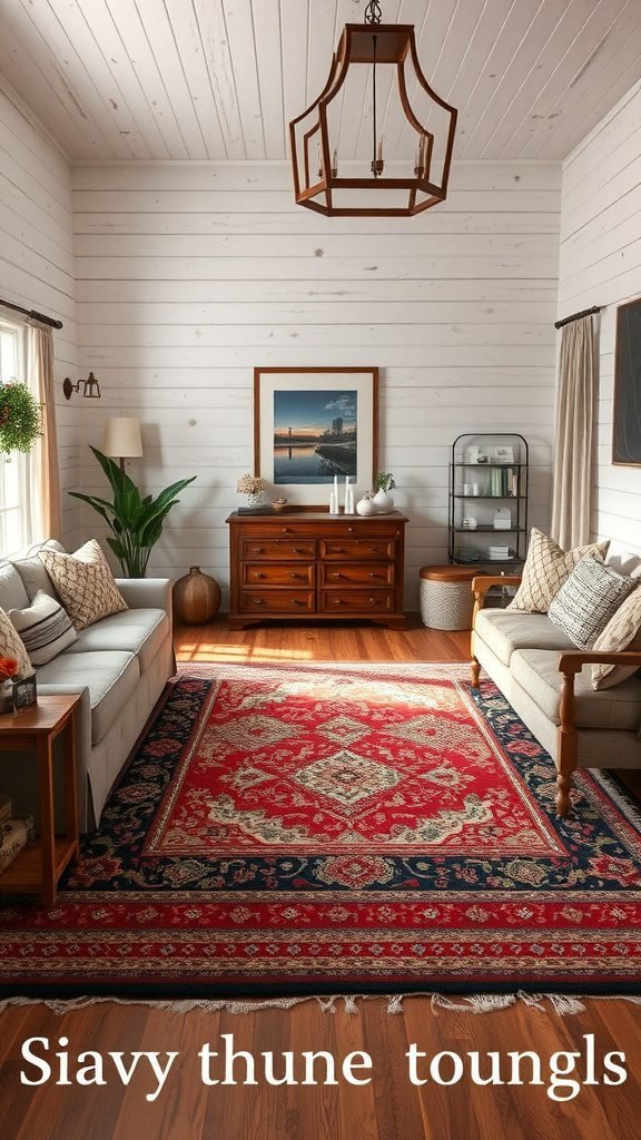 Cozy farmhouse living room with layered rugs and wooden furniture