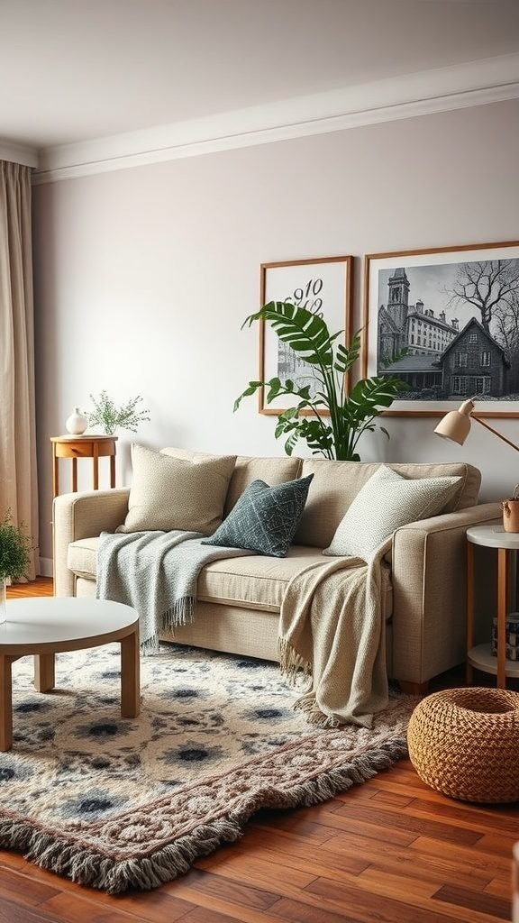 A cozy goblincore living room featuring a neutral sofa with layered textiles, a patterned rug, and indoor plants.