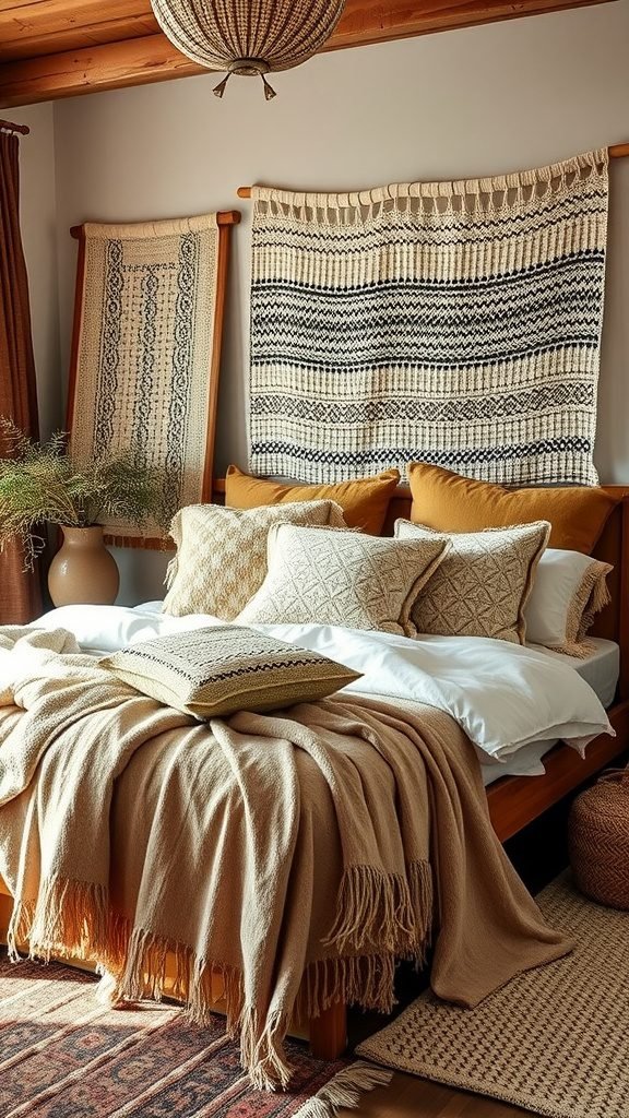 A cozy boho bedroom with layered textiles including a bed with pillow and throws, decorated with woven wall hangings.
