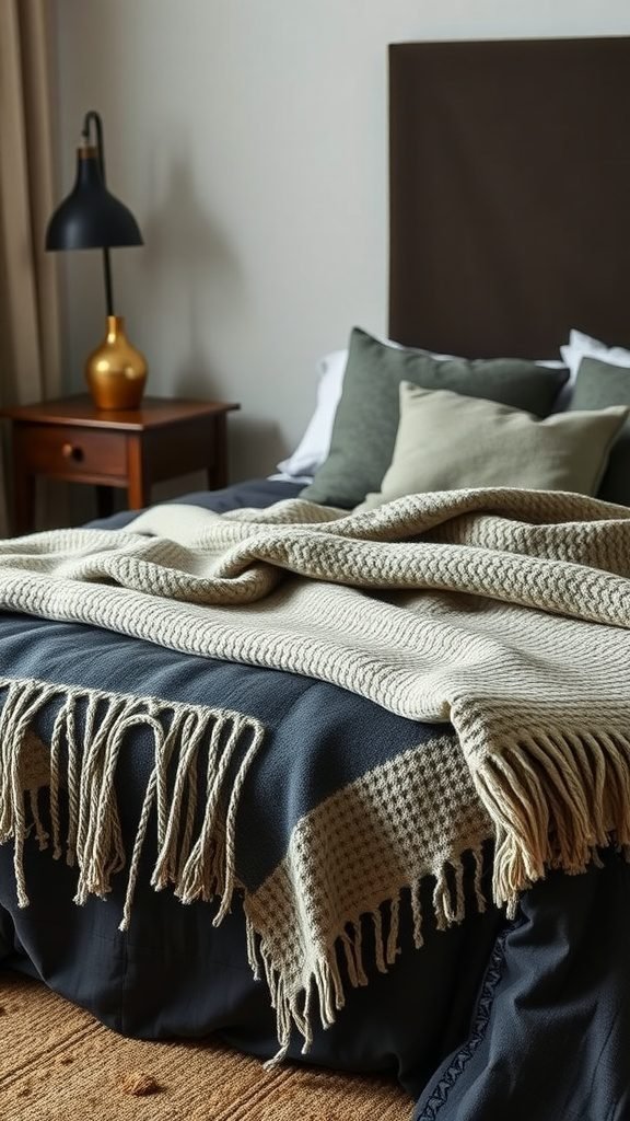 A cozy dark earthy bedroom featuring layered textiles including a chunky knit blanket and various pillows.