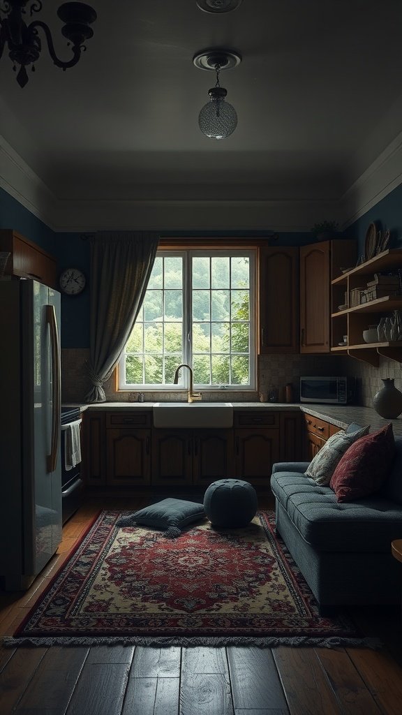 A moody kitchen with wooden cabinets, a cozy sofa, and layered textures, featuring a window with natural light.
