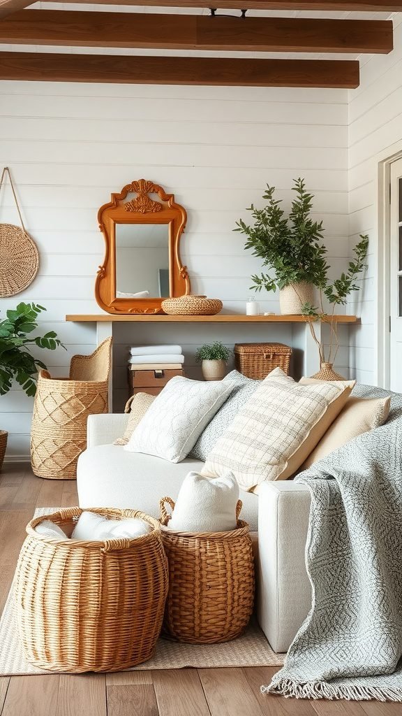 A coastal living room with layered textures, featuring a white sofa with pillows, woven baskets, and a mirror.