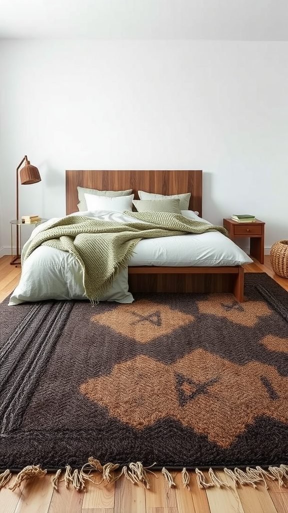 A cozy dark earthy bedroom with a layered rug, plush bedding, and warm wooden furniture.