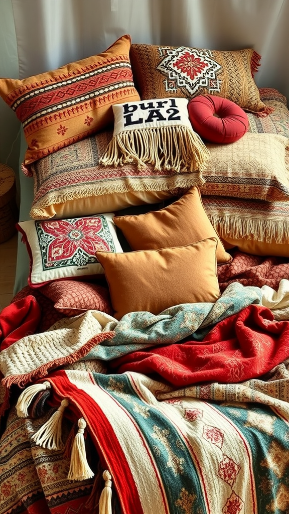 A cozy bed adorned with various colorful pillows and throws, showcasing an eclectic boho style.