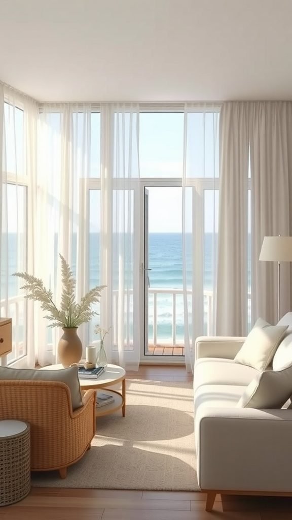 A coastal living room with lightweight sheer curtains, ocean view, and cozy furniture.