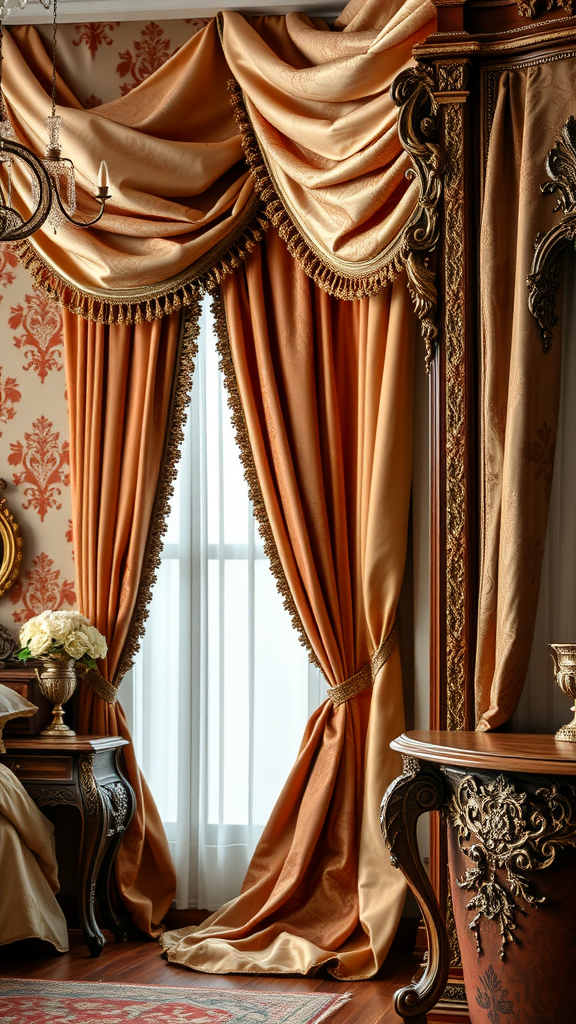 A luxurious Rococo bedroom featuring rich golden curtains and ornate furniture.