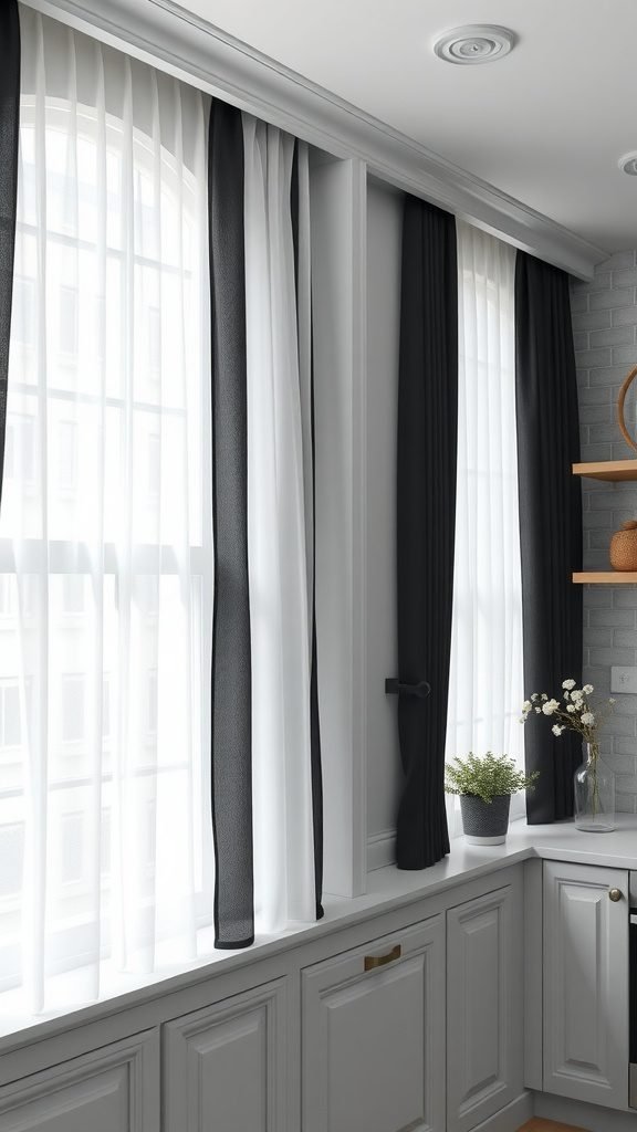 Elegant kitchen with black and white window treatments featuring sheer and bold curtains.