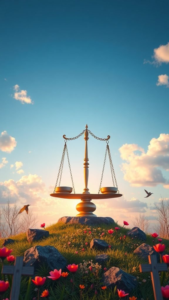 A symbolic representation of balance with scales on a hill surrounded by flowers under a bright sky.