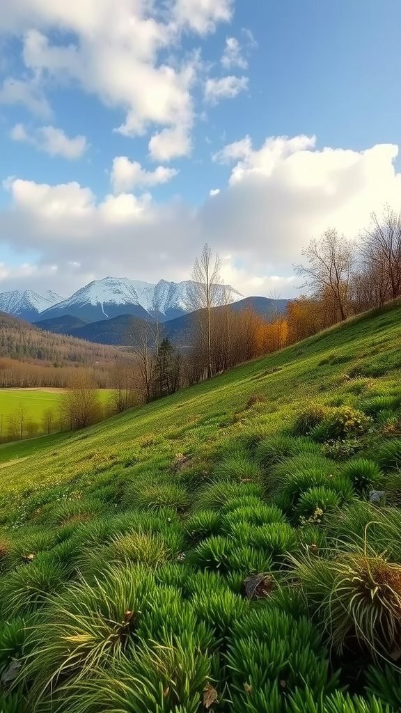 A scenic view of green grass on a sloping hill with snow-capped mountains in the background under a blue sky with clouds.