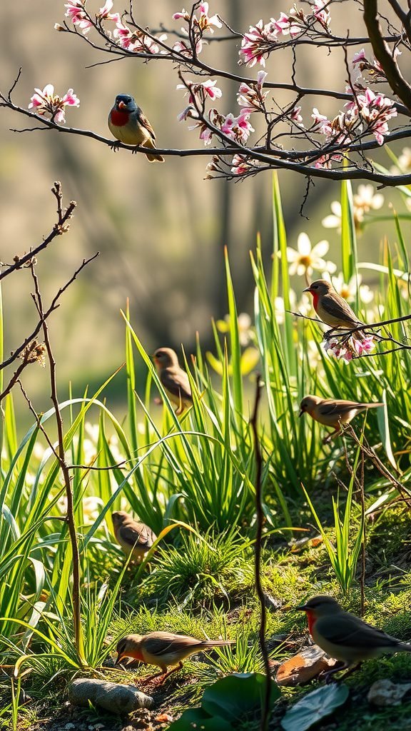 A vibrant scene of birds perched on branches with pink flowers and green grass in the background.