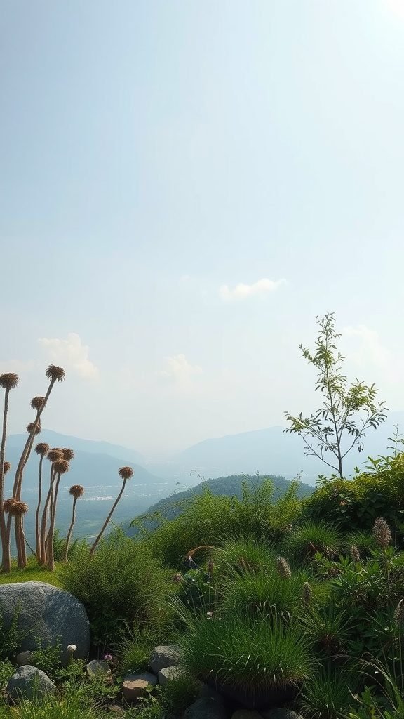 A serene landscape with unique plants and gentle hills, perfect for mindfulness. March Wallpapers