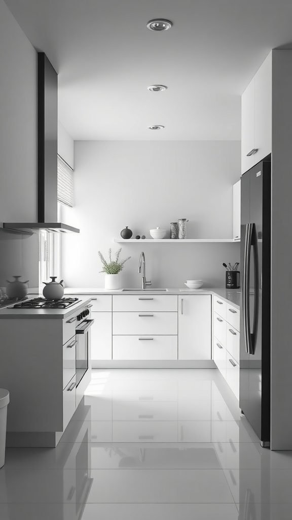 Minimalist black and white kitchen with sleek cabinets and modern appliances.