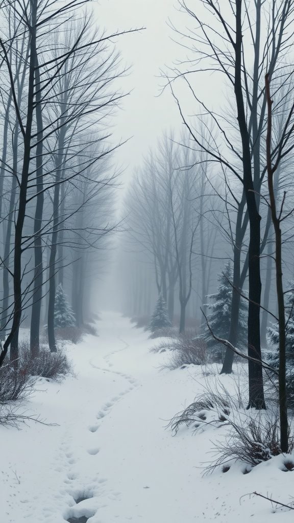 A foggy winter path lined with bare trees and snow.
