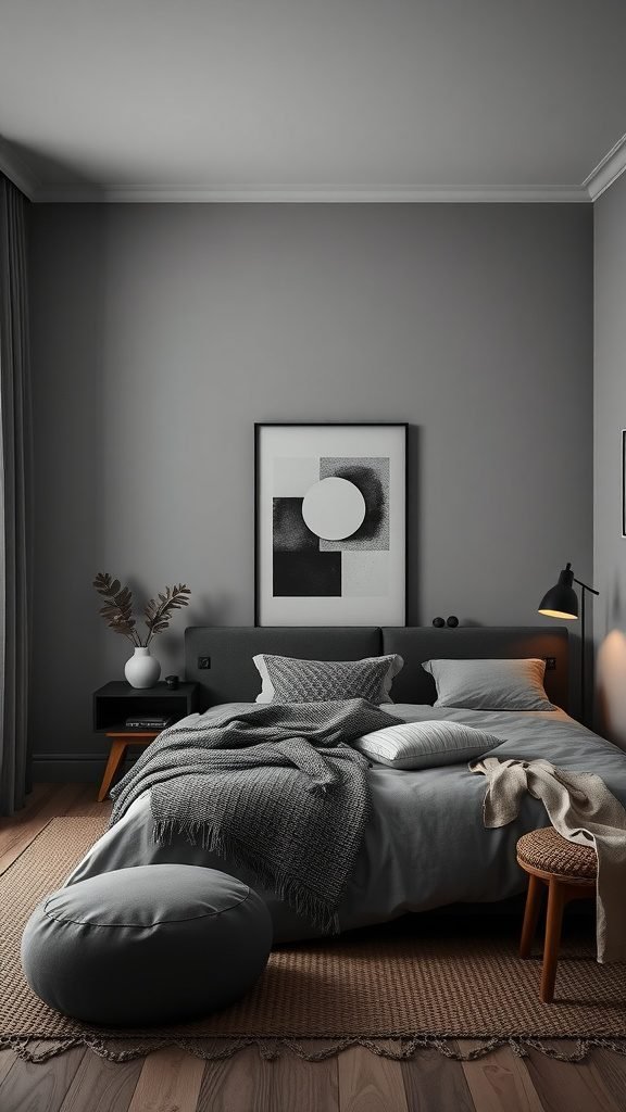 A minimalistic dark earthy bedroom with muted colors and simple furnishings.