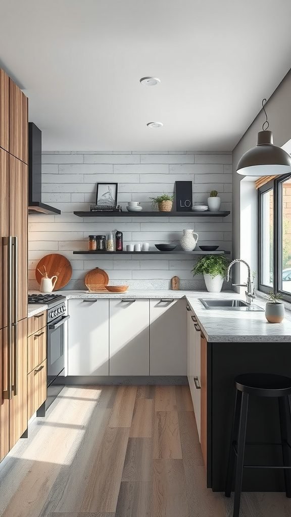 A stylish black and white kitchen featuring wooden cabinetry, black accents, and open shelving.