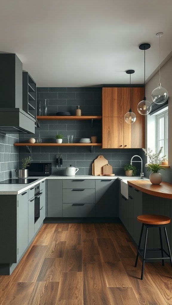 A modern kitchen with gray cabinets, wooden shelves, and warm lighting.