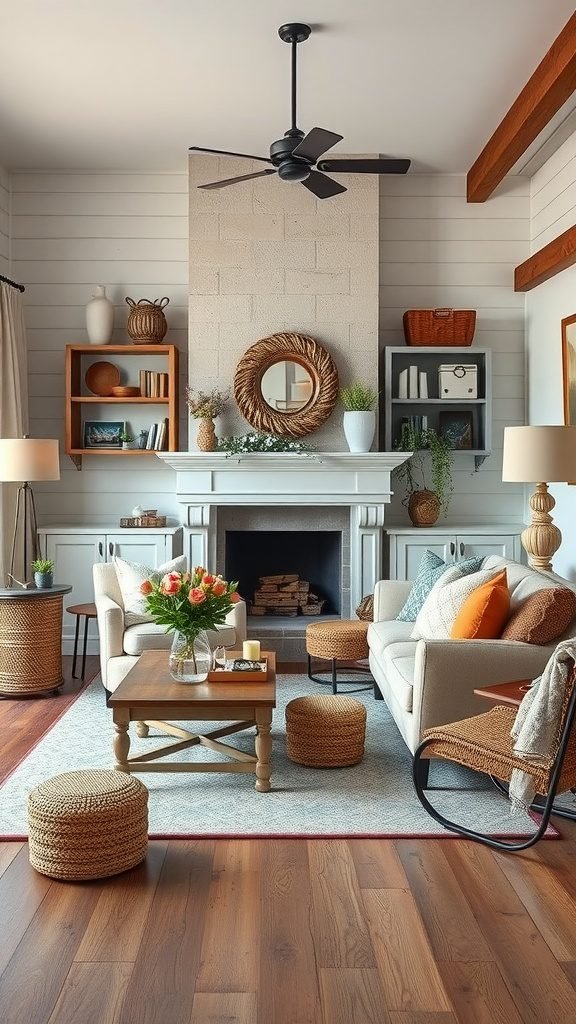 A cozy farmhouse living room featuring a mix of modern and vintage decor with neutral tones and pops of color.