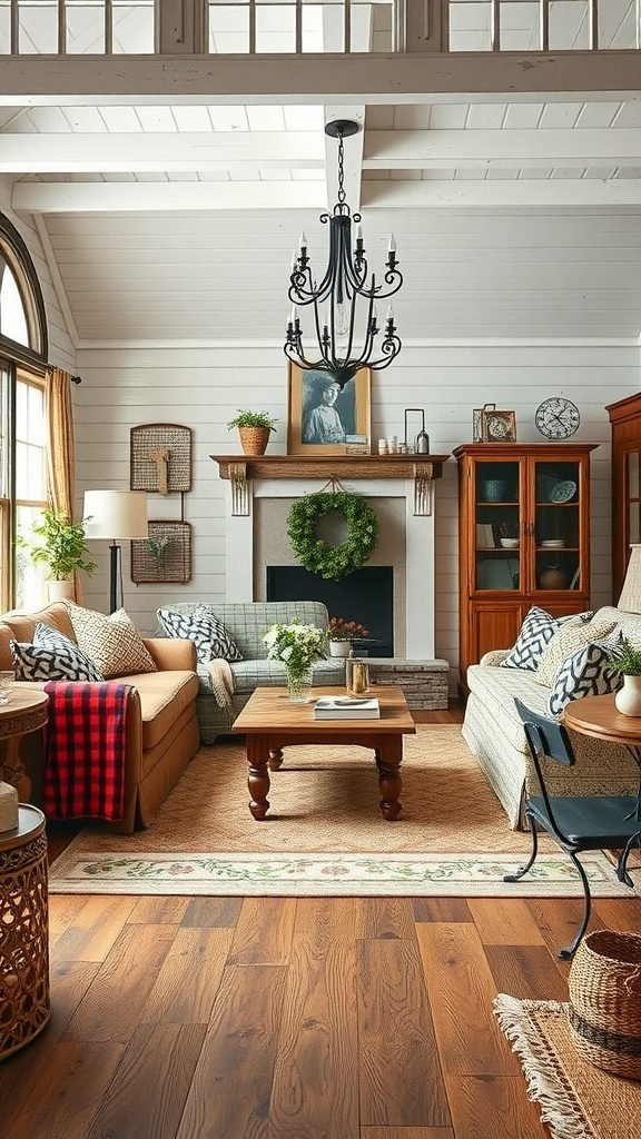 Cozy farmhouse living room with mixed patterns and textures.