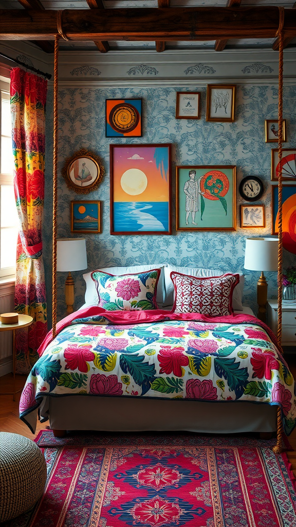 A colorful eclectic boho bedroom featuring patterned bedding, artistic wall decor, and vibrant curtains.
