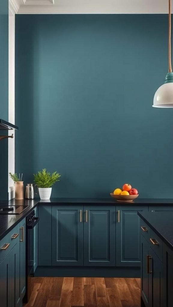 A modern kitchen featuring a deep teal accent wall, dark cabinetry, wooden flooring, and a fruit bowl on the counter.