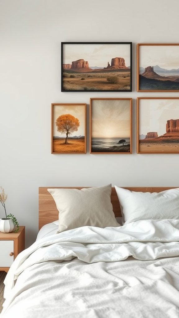 A cozy dark earthy bedroom with a bed, decorative pillows, and a collection of landscape artwork on the wall.