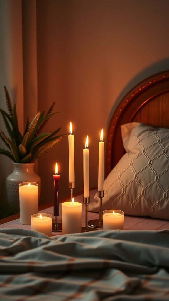 A cozy dark earthy bedroom with a candle arrangement on the bedside table, featuring tall and short candles in various colors.