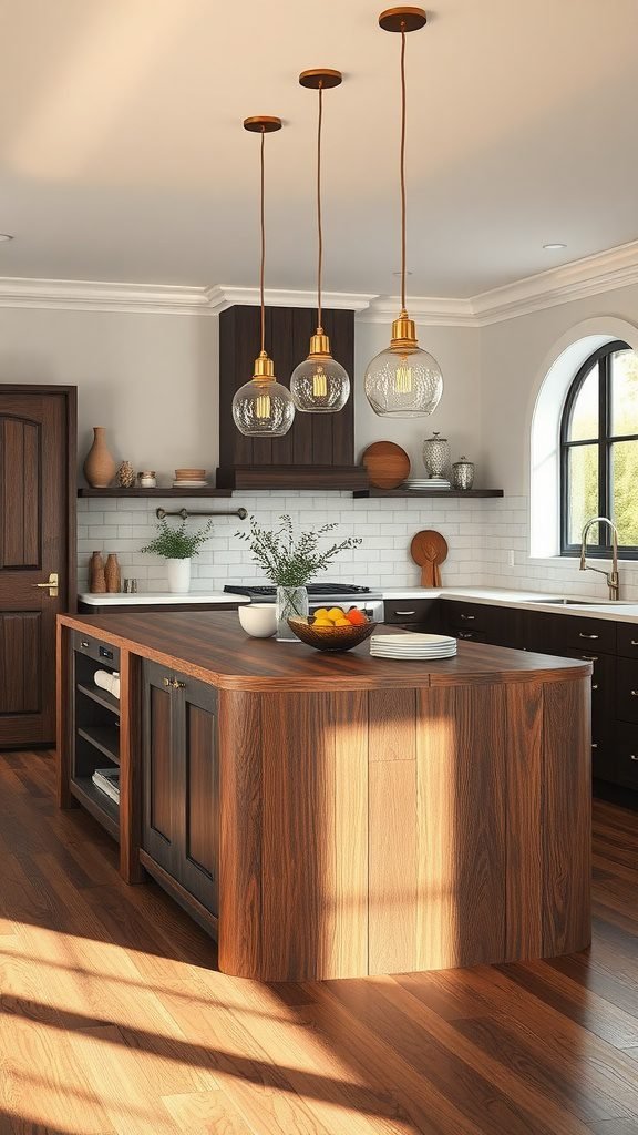 A warm wooden kitchen island with pendant lighting, showcasing a cozy atmosphere.