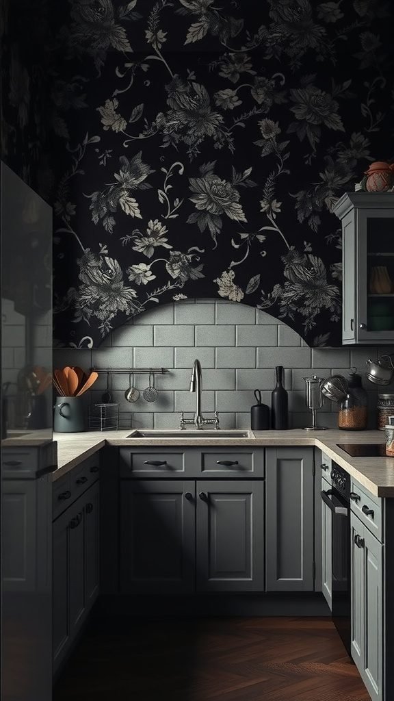 A moody kitchen featuring dark floral wallpaper, gray cabinets, and a stylish countertop.