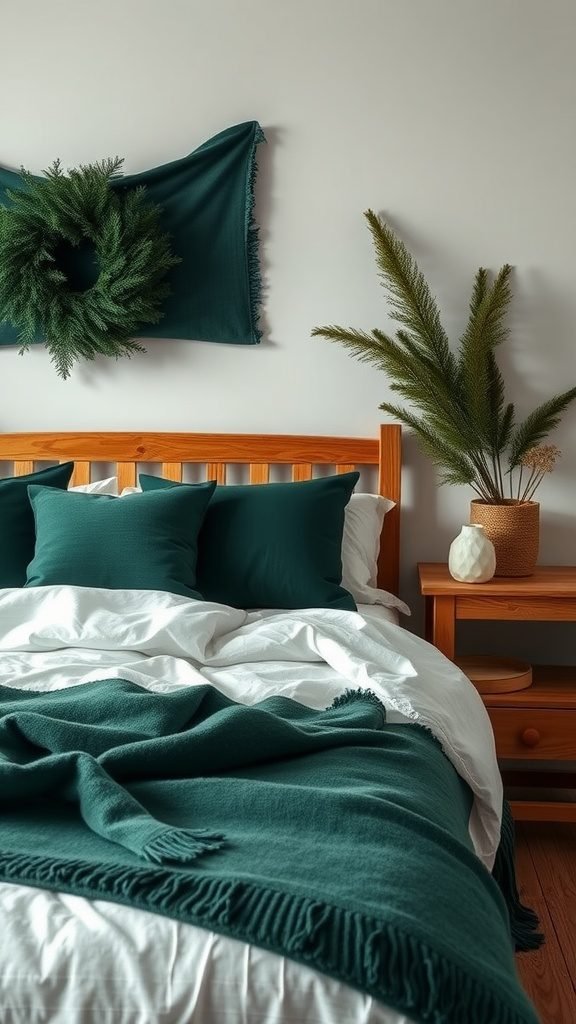 A dark earthy bedroom with forest green accents, featuring a wooden bed, green pillows, and potted plants.