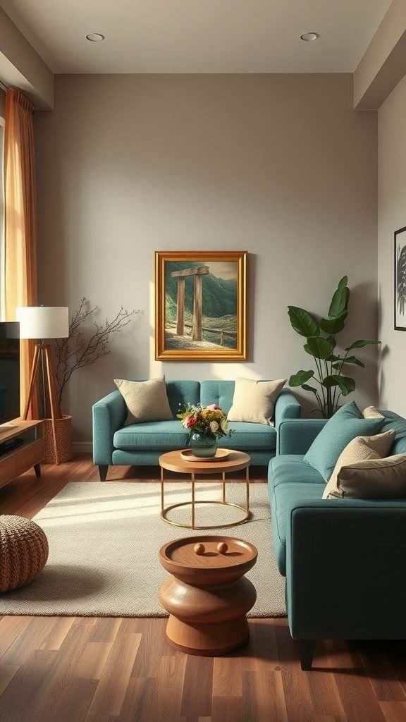 A cozy goblincore living room featuring teal couches, a wooden coffee table, plants, and natural light.