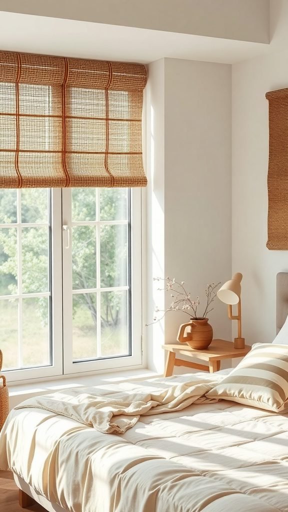 A cozy bedroom with natural fiber window treatments, featuring woven shades and earthy tones.