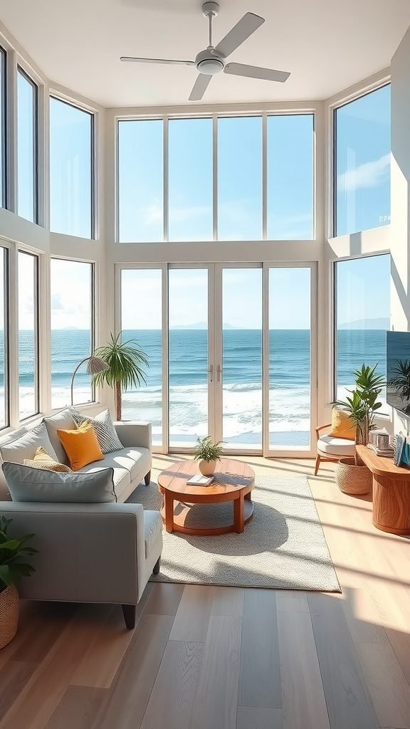 Bright coastal living room with large windows overlooking the ocean.
