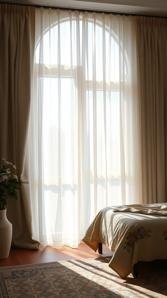 A dark earthy bedroom with sheer curtains allowing natural light to filter in, illuminating the wooden floor and soft bedding.