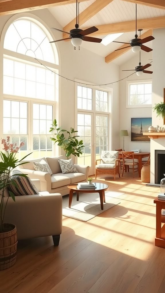Bright farmhouse living room with large windows, wooden beams, and cozy furniture