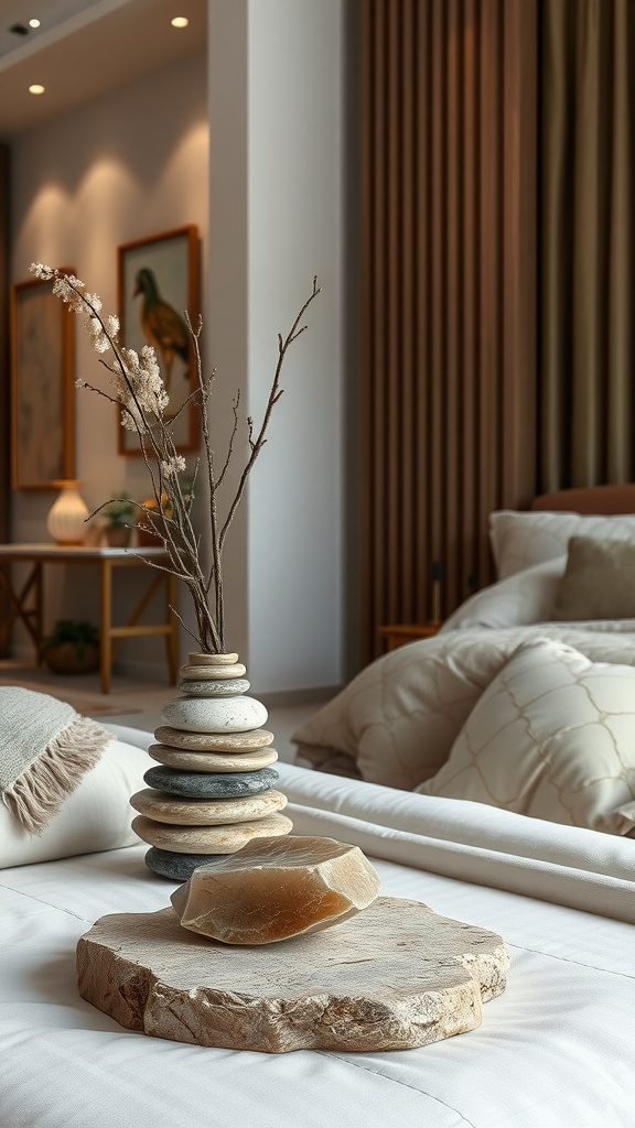 A dark earthy bedroom featuring natural stone decor elements, including a centerpiece of stacked stones and a flat stone slab.