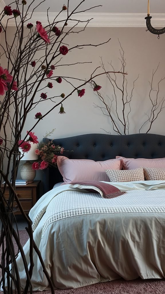 Dark feminine bedroom with branches and flowers, cozy bedding