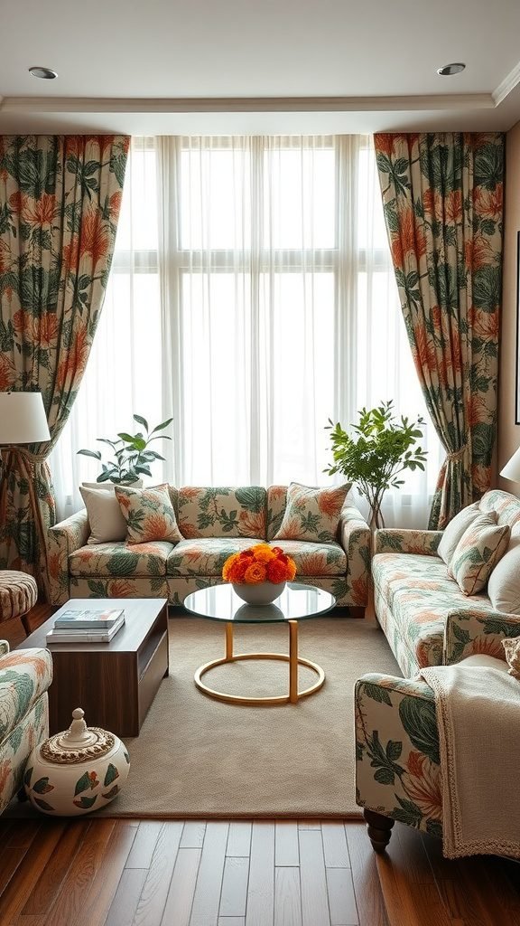 A cozy goblincore living room with floral-patterned upholstery, bright curtains, and plants.