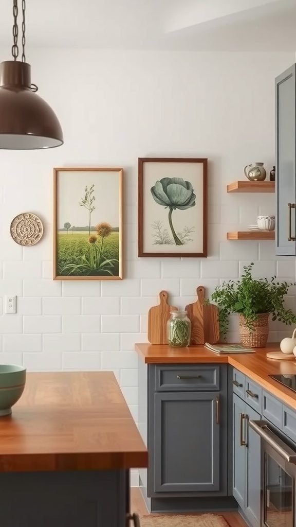A cozy kitchen featuring nature-inspired wall art with botanical prints and wooden elements.