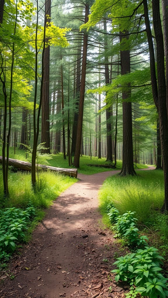 A serene forest pathway lined with tall trees and lush greenery, ideal for a March wallpaper.