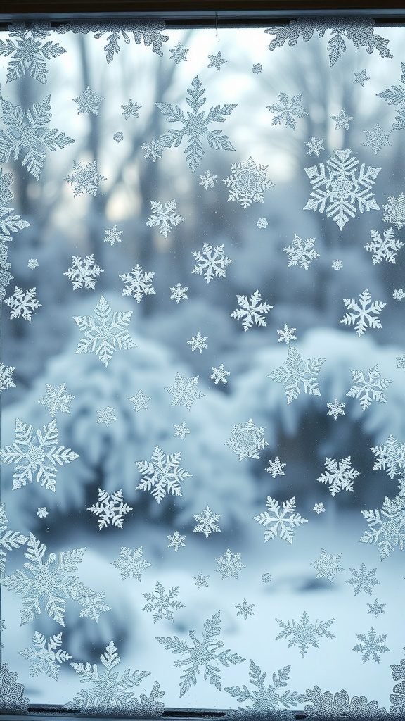 Frosted window with snowflake patterns and a snowy background. February Wallpaper