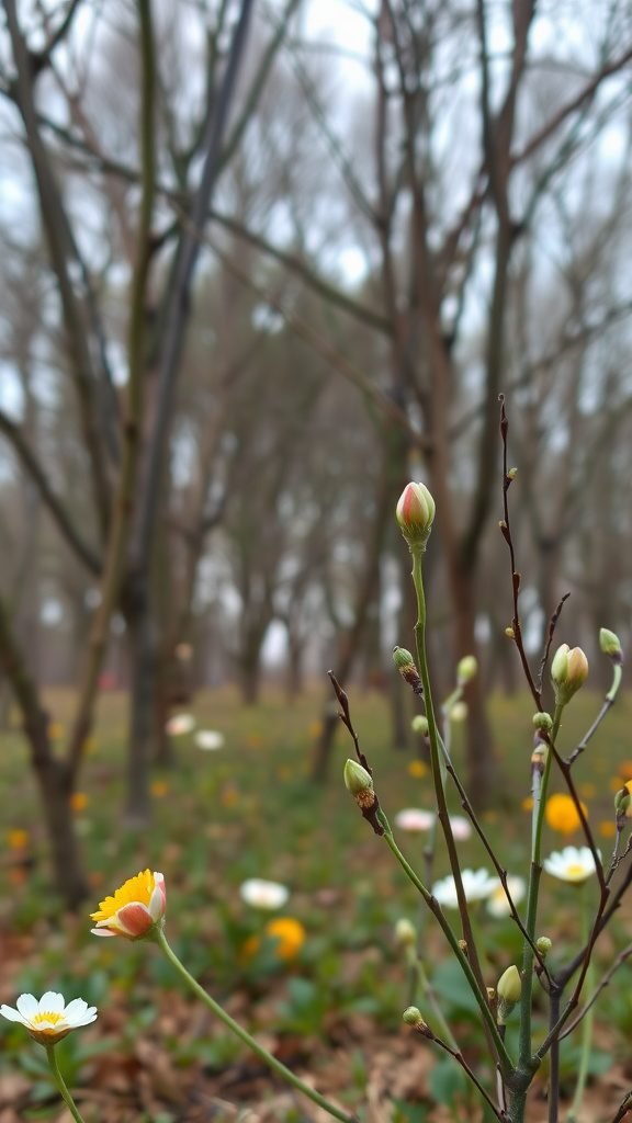 Budding flowers and blossoms in a forest, symbolizing the awakening of nature in March.