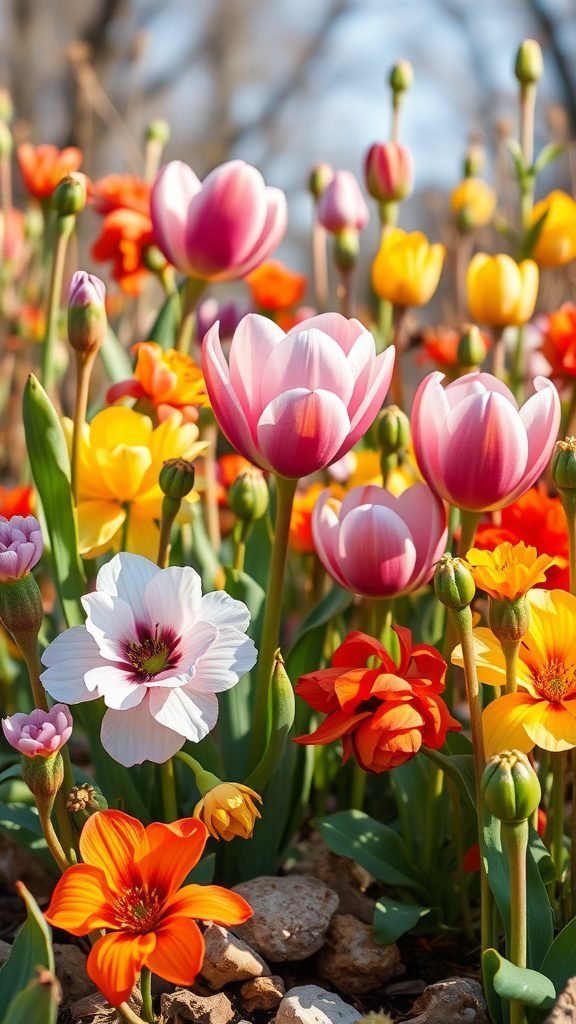 A vibrant display of tulips and other flowers in various colors, symbolizing the arrival of spring. March Wallpapers