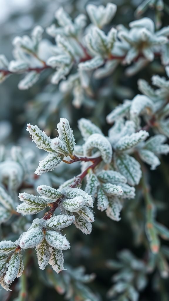 Frost-covered branches with green leaves