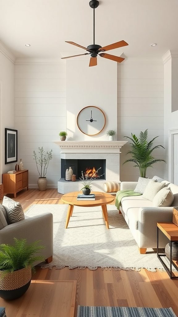 A serene farmhouse living room with neutral colors, featuring a cozy seating area, wooden furniture, and plants.